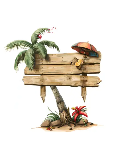 Wooden Sign with Palm Tree and Beach Elements