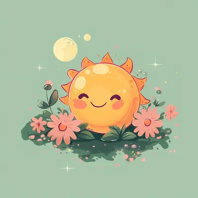 Cute Smiling Sun with Flowers