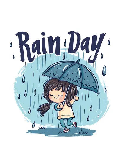 Girl with Blue Umbrella on Rainy Day