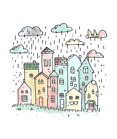 Small Cute Doodle Houses in the Rain