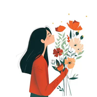 Girl Smelling Flowers Illustration