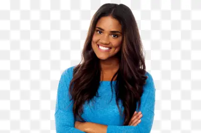 Smiling Woman in Blue Sweater