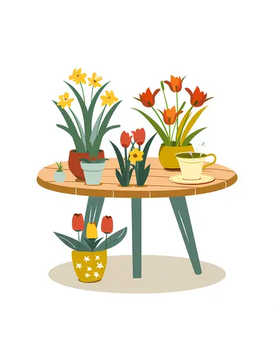 Table with Colorful Flowers and Plants