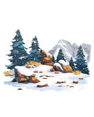 Snowy Landscape with Rocks and Trees