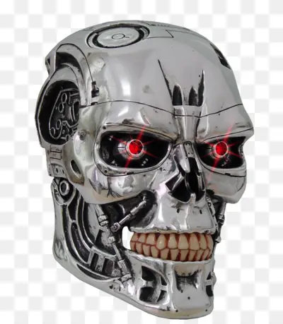 Angled View of a Robot Skull with Red Eyes