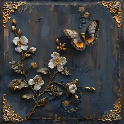 Elegant Gold and Black Butterfly with Flowers