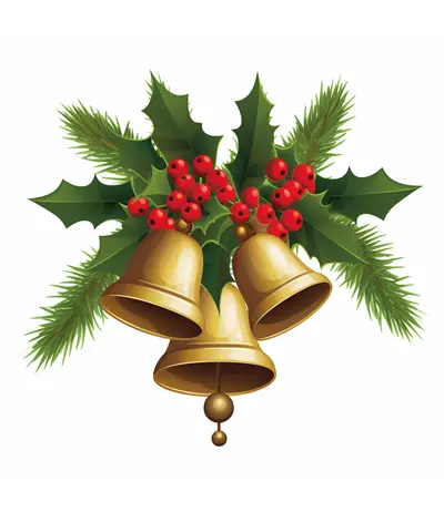 Triple Golden Christmas Bells with Holly and Berries