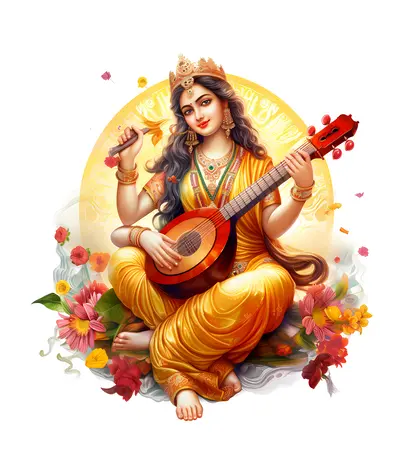 Goddess Playing Veena in Yellow Dress
