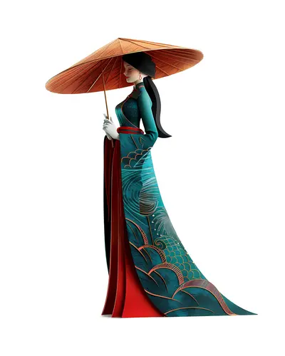 Elegant Woman in Traditional Dress with Umbrella