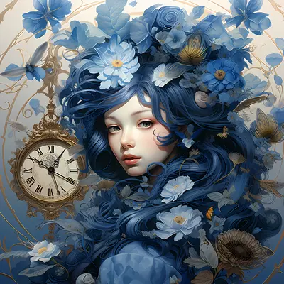 Blue Floral Clock Portrait Art