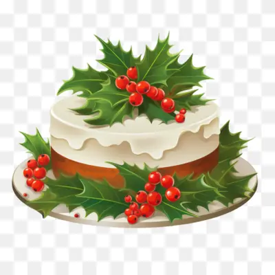 Christmas Cake with Holly Leaves and Red Berries