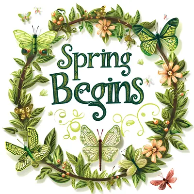 Spring Begins Text with Green Butterflies and Flowers