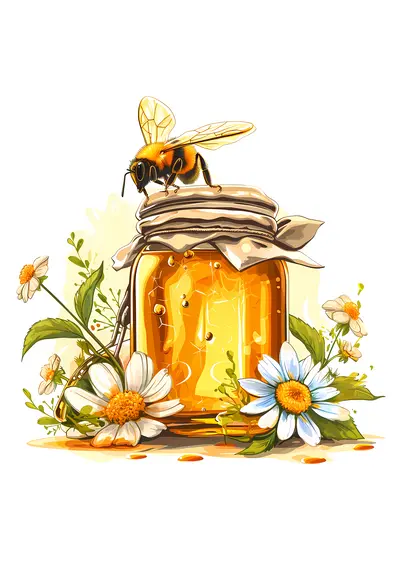 Honey Jar with Bees and Flowers