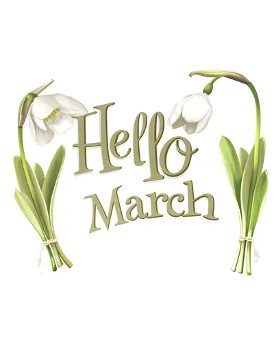 Hello March with White Flowers Illustration