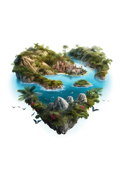 Heart-shaped Island with Buildings and Beach