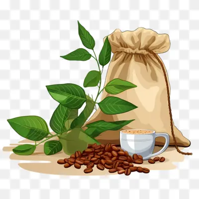 Coffee Plant with Beans and Cup
