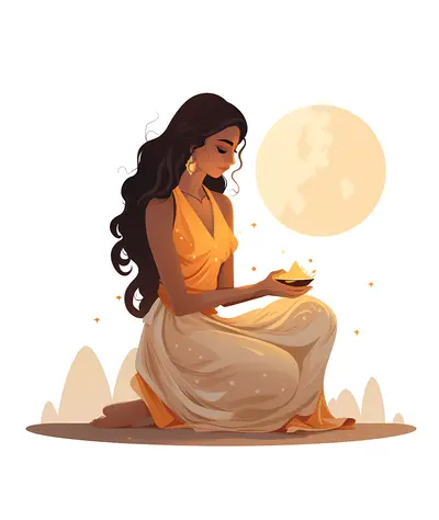 Woman Holding Lamp under the Moon