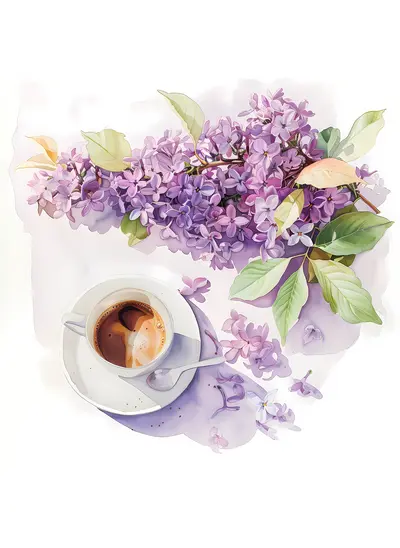 Lilac Flowers with Coffee Cup
