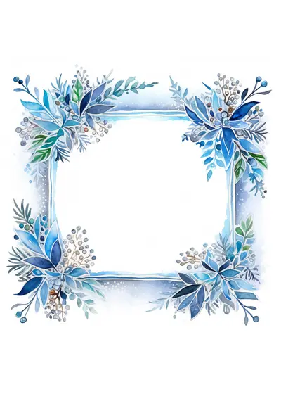 Blue Botanical Frame with Leaves and Berries