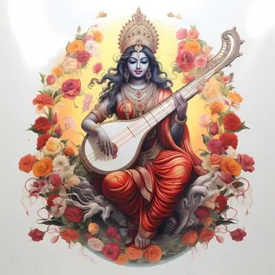 Divine Goddess Playing Veena with Flowers