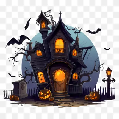 Haunted House with Bats and Pumpkins