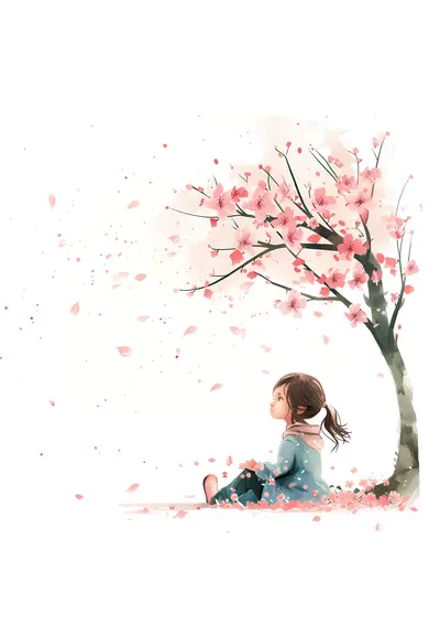 Little Girl Sitting Under Cherry Blossoms