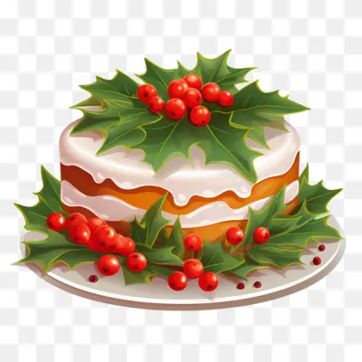 Christmas Cake with Holly Leaves and Red Berries