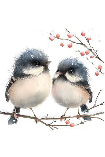 Two Fluffy Birds on a Branch with Berries