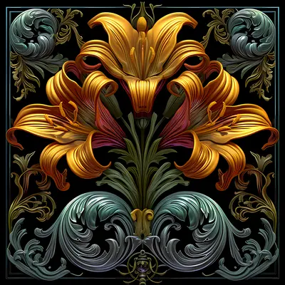 Ornate Floral Design with Golden Lilies