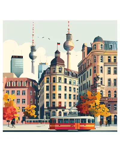 Cityscape with Buildings and Tram