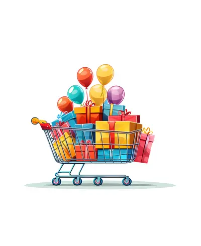 Shopping Cart Filled with Colorful Gifts and Balloons