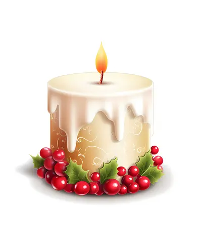 Decorative White Candle with Holly and Berries