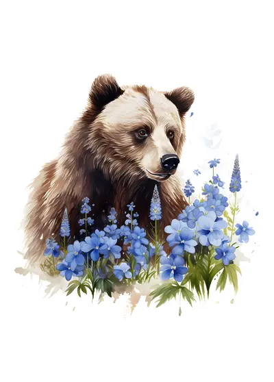 Bear Among Blue Flowers