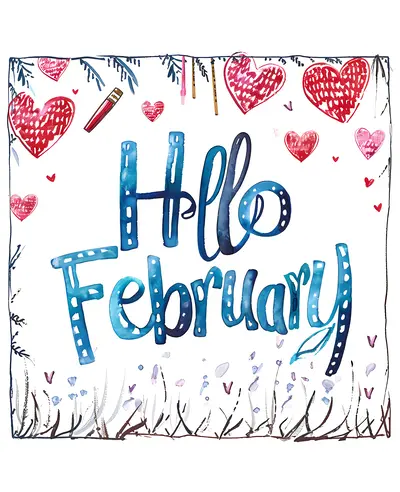 Doodled Hello February Text with Hearts