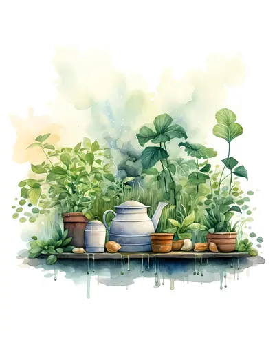 Teapot and Pots with Plants Illustration