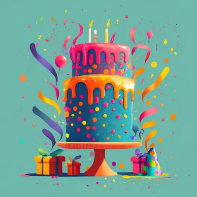 Colorful Birthday Cake with Candles and Balloons