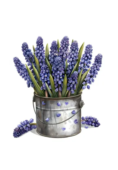 Blue Flowers in Metal Bucket