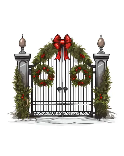 Gate Adorned with Christmas Wreaths and Red Bows