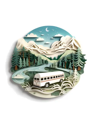 White Bus by the River in Mountainous Landscape