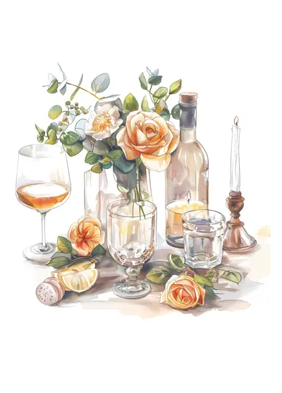 Orange Roses and Wine in Still Life