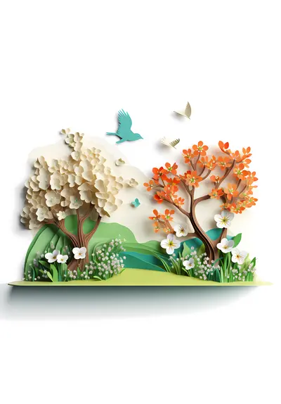 Colorful Trees with Flowers and Butterflies