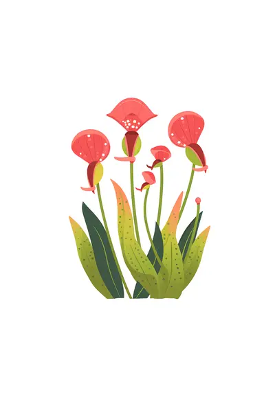 Cartoon Plant with Red Flowers and Green Leaves