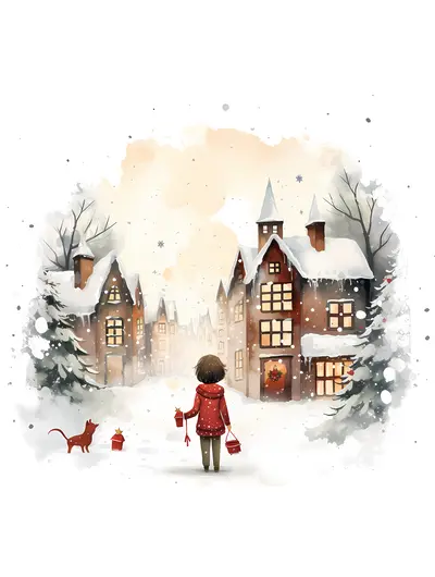 Person with Lantern in Snowy Village