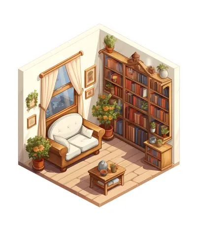 White Armchair with Bookshelf and Plants