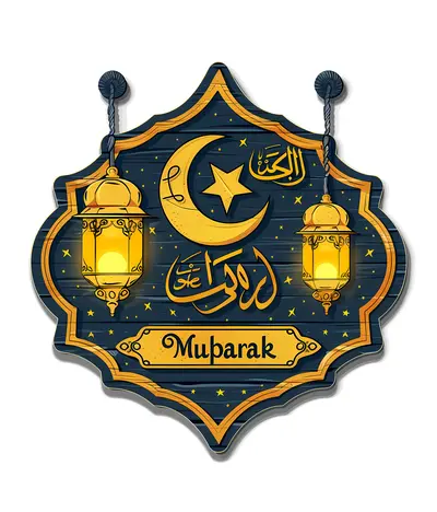 Mubarak Sign with Lanterns and Crescent Moon