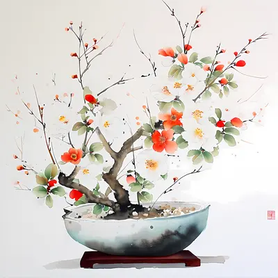 White and Red Flowers in Bowl with Branches