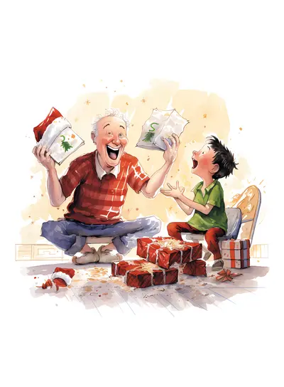 Grandfather and Child Opening Gifts