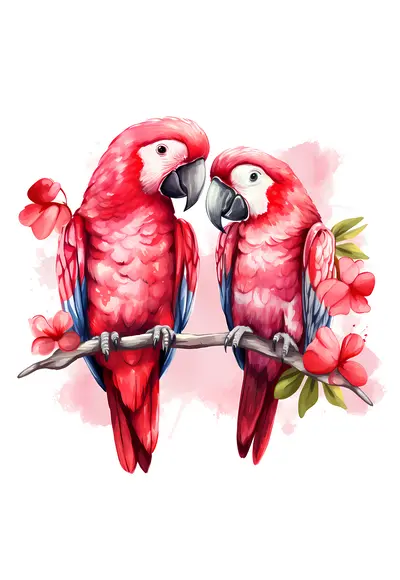 Red Parrots on Flowering Branch