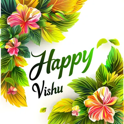 Colorful Flowers and Leaves with Happy Vishu Greeting