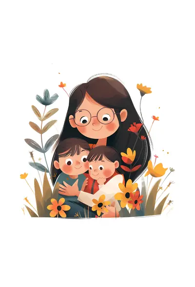 Mother with Her Children in a Flower Field